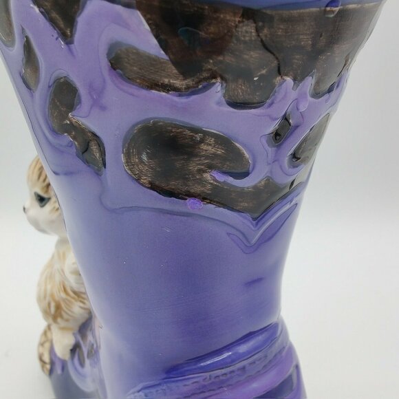 Victorian Boot Vase With Kitten Purple Ceramic Cat Figurine Cottagecore - Picture 5 of 13